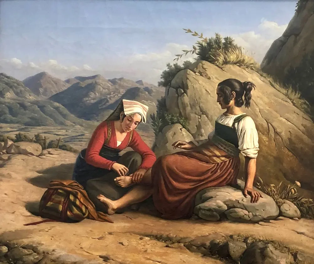 Ragazza di Sonnino che toglie una spina dal piede del suo collega, dal dipinto di Léopold Robert, 1828, 1854. Musée des beaux - arts, La Chaux, de, Fonds